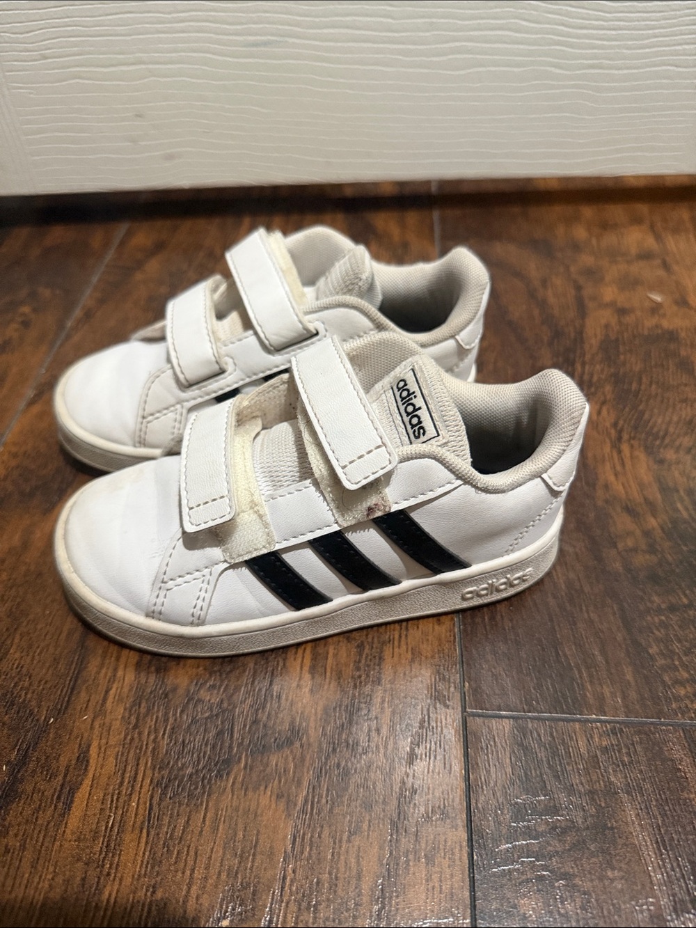 adidas Kids White Sneakers with Black Three Stripes and Velcro